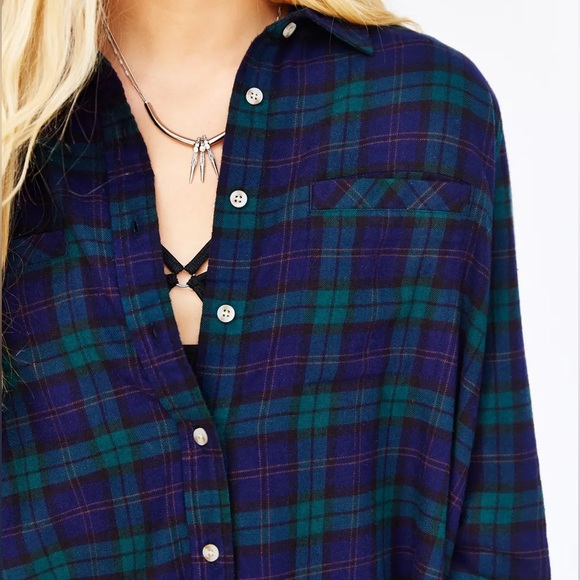 BDG OVERSIZED BLUE & GREEN PLAID FLANNEL - Picture 3 of 9